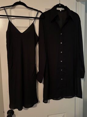 Black Slip Midi Dress with Sheer Shirt Jacket